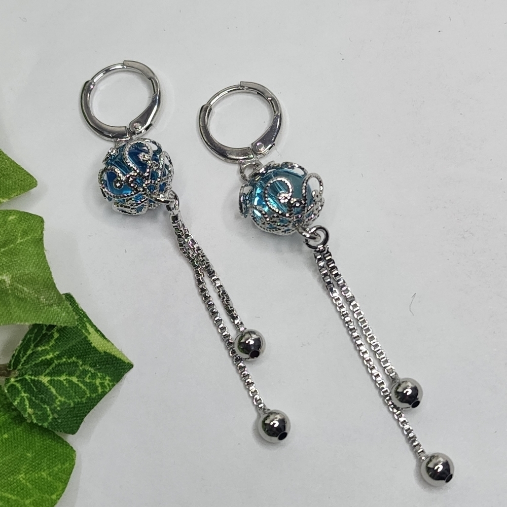 Silver Stainless Steel and Blue Ball Drop Earrings